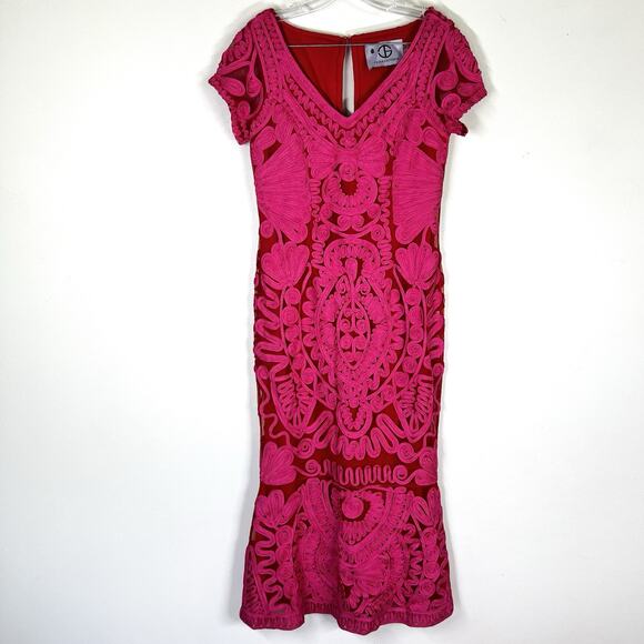 JS Collections Sz 10 Soutache Embroidered Tea-Length Midi Dress Red Hot Pink - Picture 3 of 11